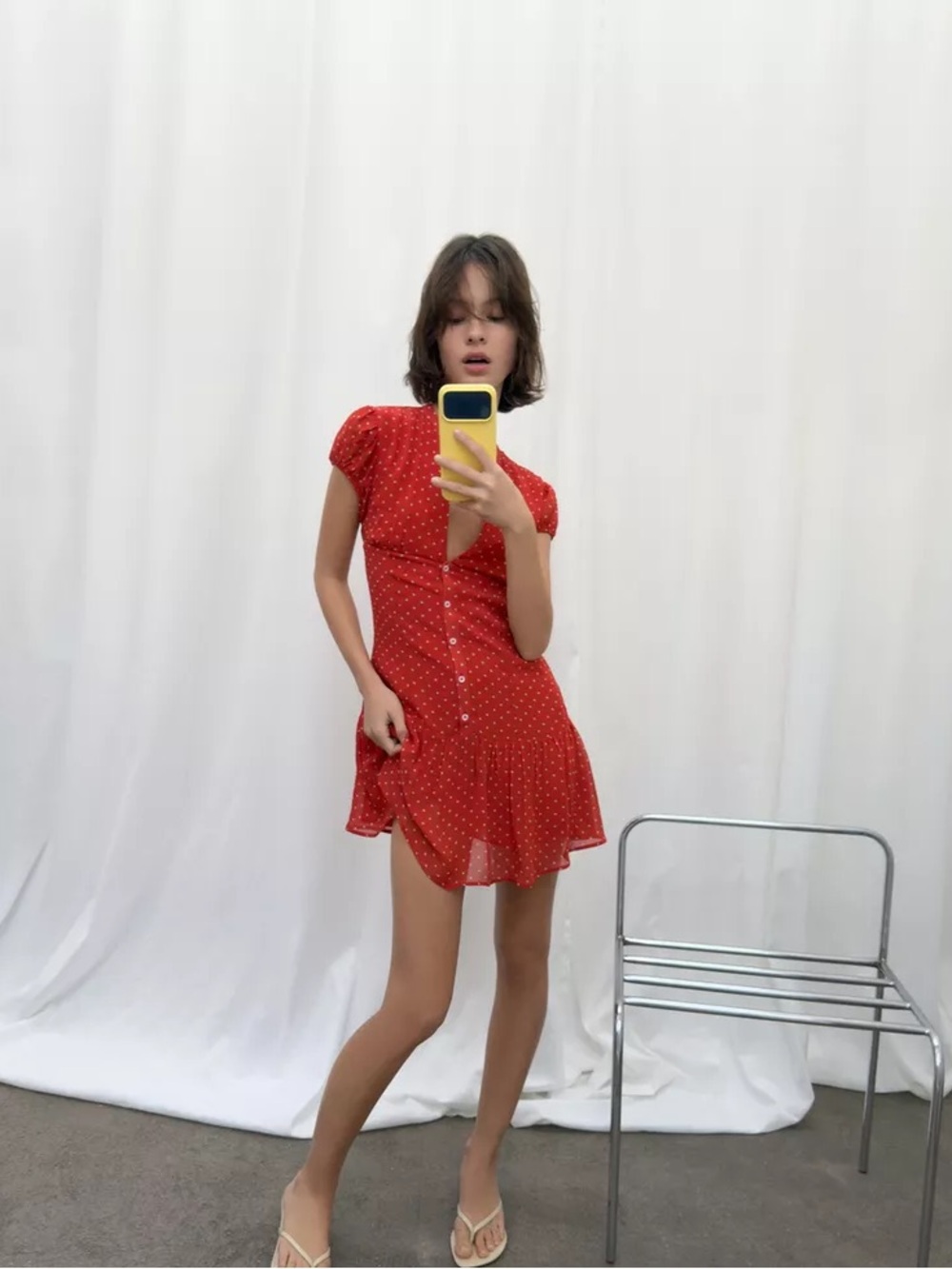 Zara Red Polka Dot Button-Front Mini Dress. POP - Picture 8 of 9